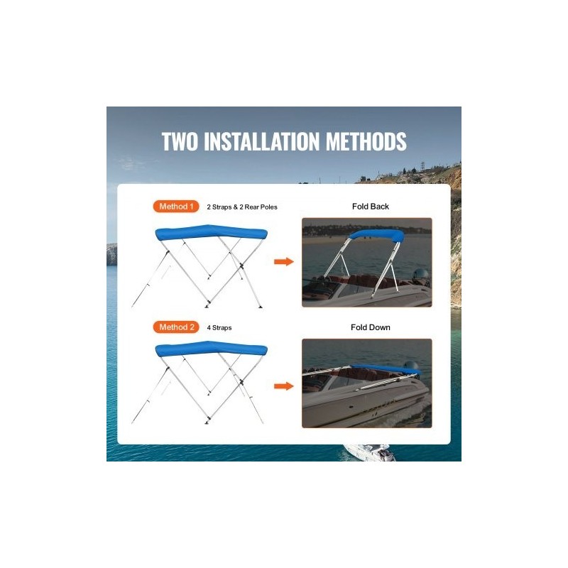 Bimini-veneaurinkokatos kolmen kaaren 900D polyesterikangas alumiiniseosrunko 1550–1670 mm