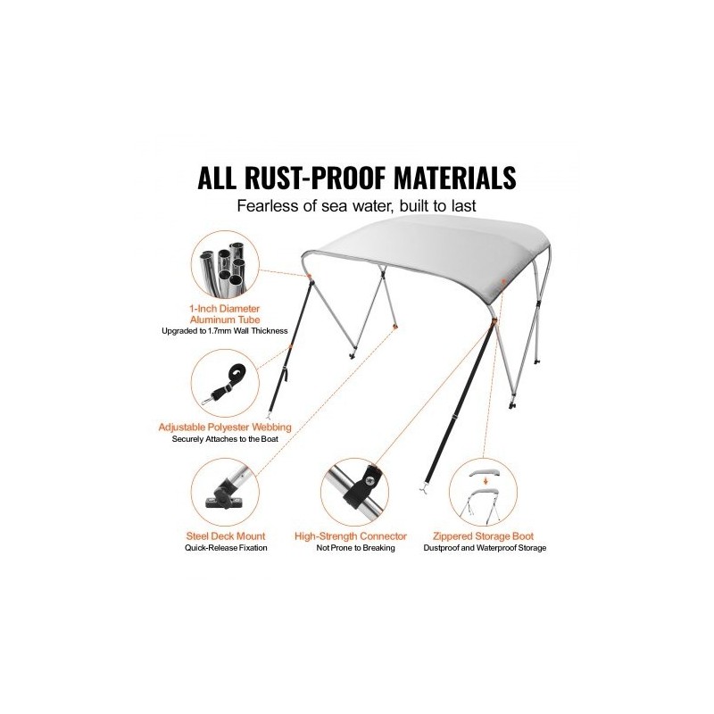 Bimini-kate 3-kaareinen veneille 900D polyesterikangas alumiiniseos 155–167 cm