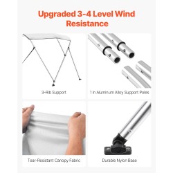 Bimini-kuomu veneeseen kolmikaareinen 600D polyesterikangas alumiinirunko 2 tukitankoa 4 kiinnitysremmiä vaaleanharmaa