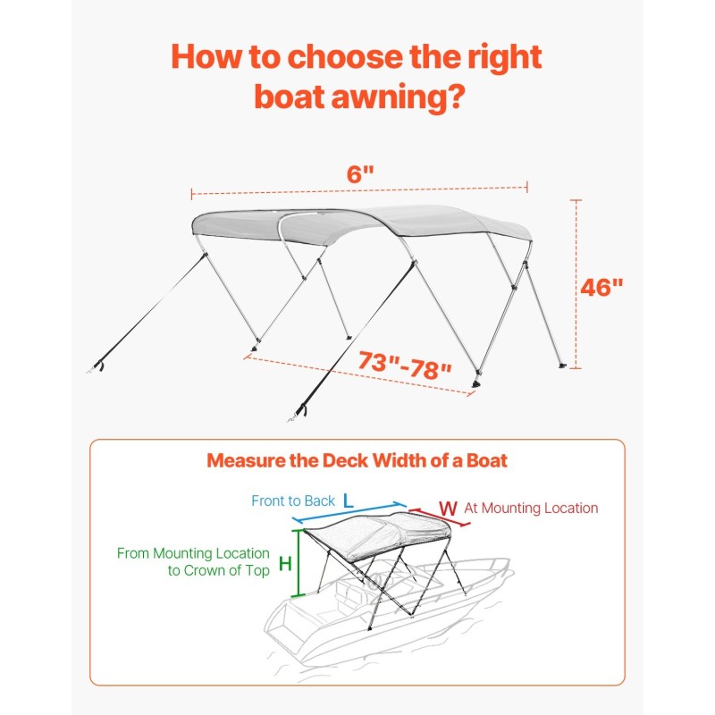 Bimini-kuomu veneeseen kolmikaareinen 600D polyesterikangas alumiinirunko 2 tukitankoa 4 kiinnitysremmiä vaaleanharmaa