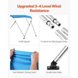 Veneen kolmikaariinen bimini-kuomu 600D polyesterikangas alumiinirunko 72x79-84x46 sininen