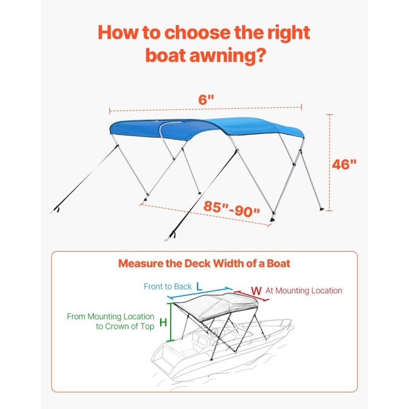 Bimini-katos kolmikaareinen 600D polyesteri alumiiniseosrunko ruostumiskestävä säilytyspussi 2 tukitankoa