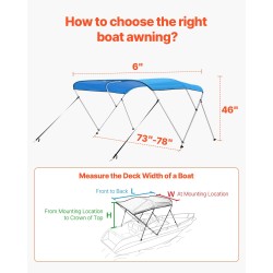 Bimini-katos kolmikaarteinen 600D polyesteri alumiinirunko vedenpitävä UV-suojattu 72×73–78×46 tuumaa sininen