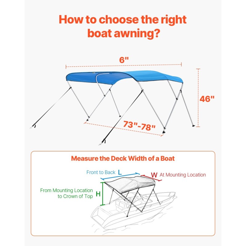 Bimini-katos kolmikaarteinen 600D polyesteri alumiinirunko vedenpitävä UV-suojattu 72×73–78×46 tuumaa sininen