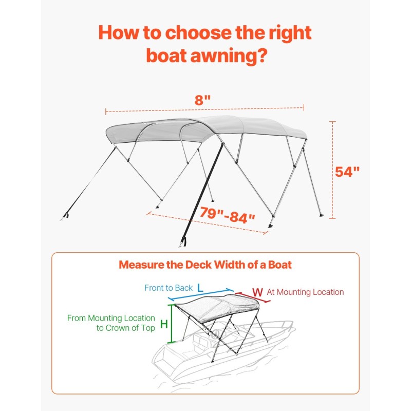 4-kaareinen bimini-katto 600D polyesteri alumiinirungolla 96 tuumaa 79–84 tuumaa 54 tuumaa