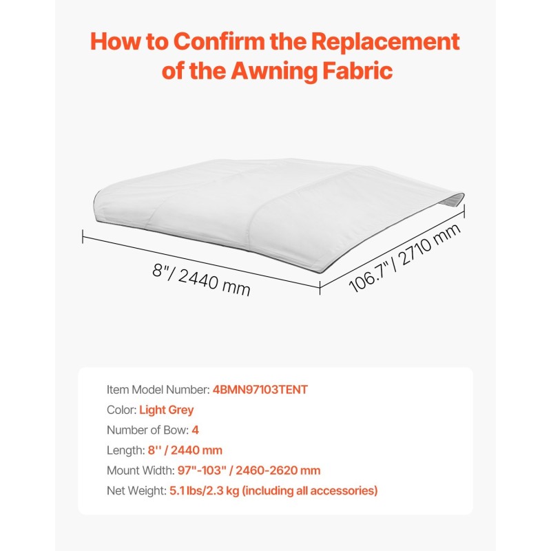 Veneen bimini-vaihtokangas 4-kaariselle 600D polyesterikangas pituus 96 tuumaa leveys 97–103 tuumaa vaaleanharmaa