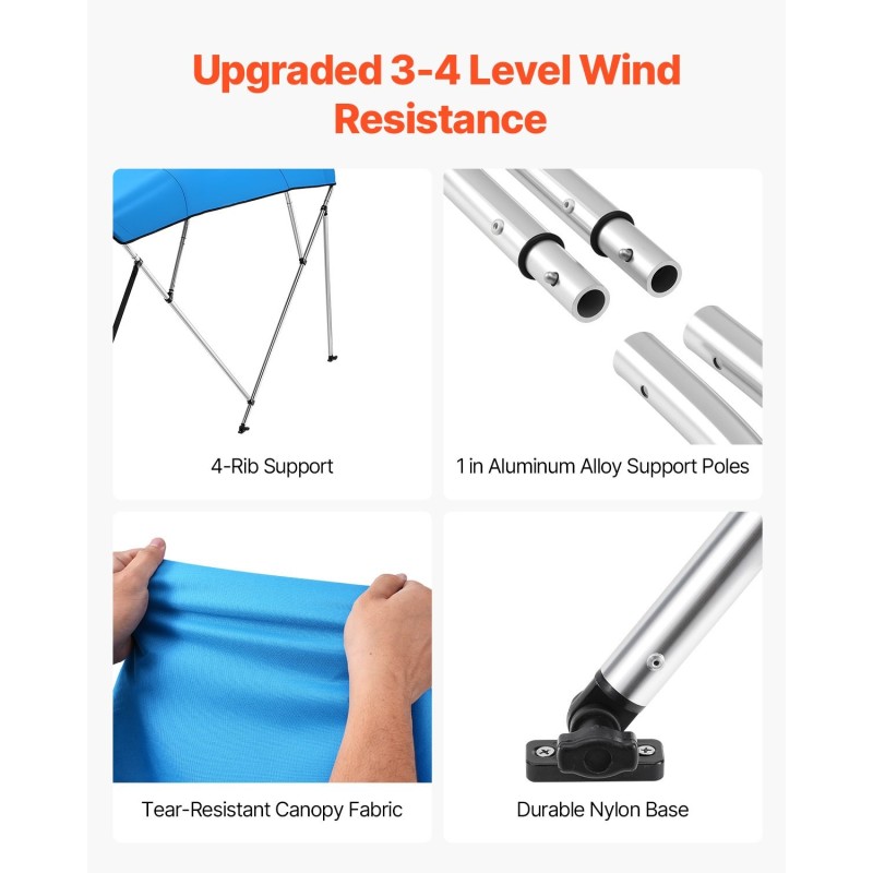 4-kaarinen bimini-katos veneeseen 600D polyesteri alumiiniseosrunko 96 tuumaa 67-72 tuumaa leveys