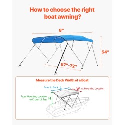 4-kaarinen bimini-katos veneeseen 600D polyesteri alumiiniseosrunko 96 tuumaa 67-72 tuumaa leveys