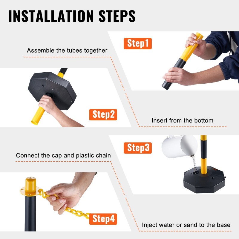 Säädettävät liikenneopastinpylväät keltamusta polyeteeni ja polypropeeni kuusi kappaletta täytettävällä pohjalla