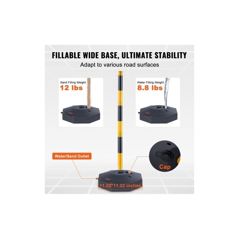 Liikenneturvatolpat PP-muovi säädettävä korkeus täytettävä pohja 2 kpl keltamustat