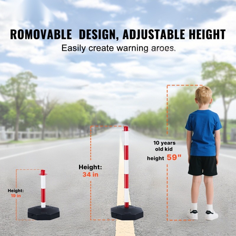 Säädettävät liikenteen ohjaustolpat punainen ja valkoinen 4 kpl täytettävällä pohjalla ketjulla