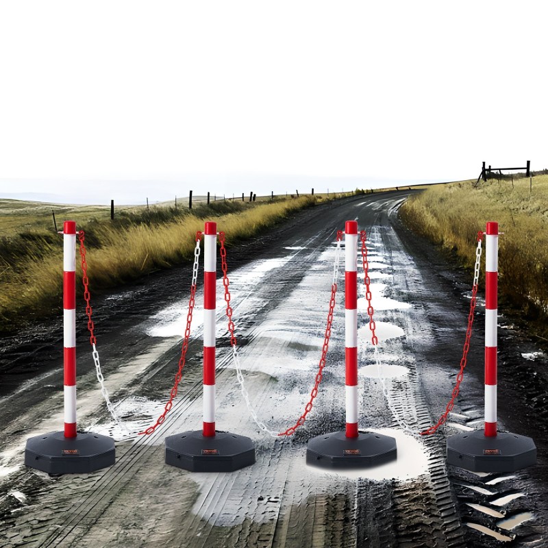 Säädettävät liikenteen ohjaustolpat punainen ja valkoinen 4 kpl täytettävällä pohjalla ketjulla