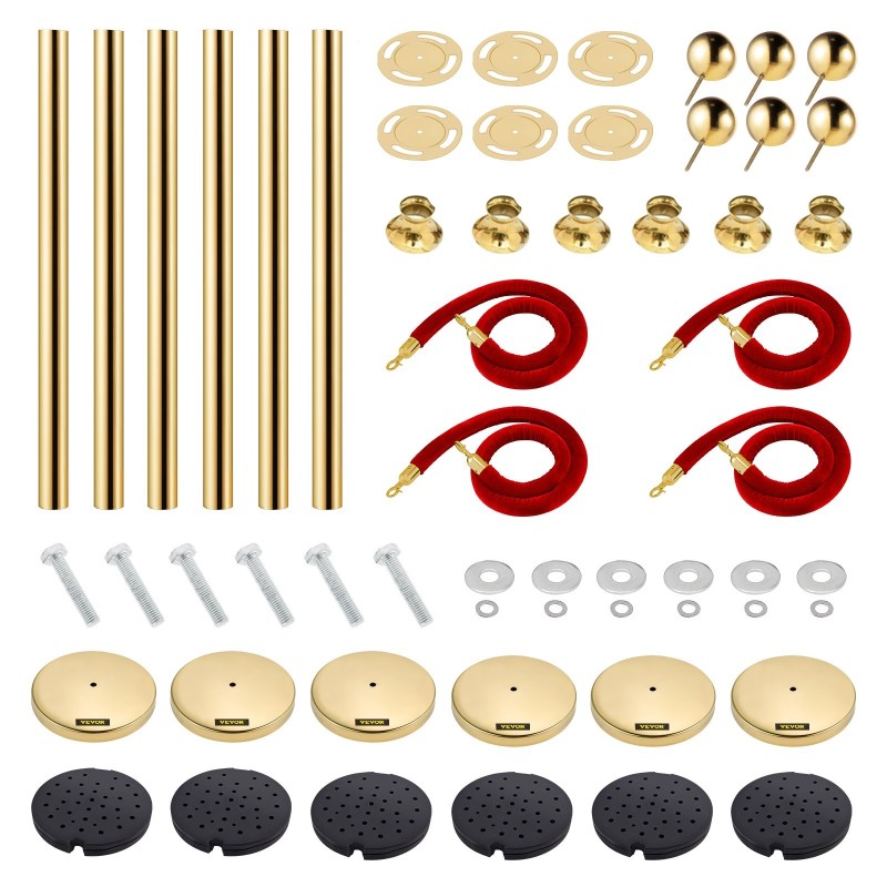 Kultaiset jonotolpat 6 kpl ruostumatonta terästä 4 punaisia samettiköysiä 1,5m