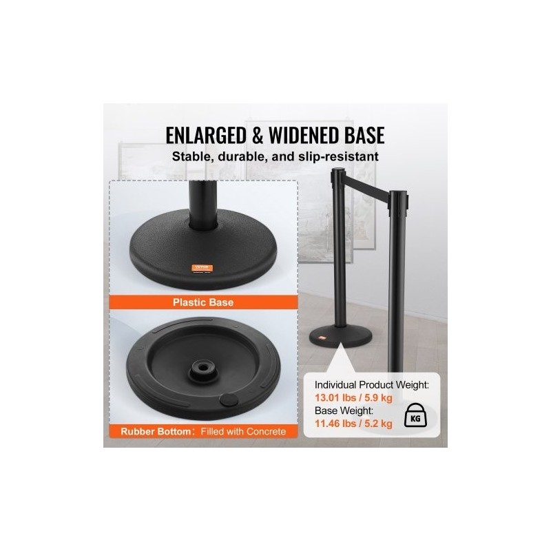 Muoviset jonopaalut betonitäytteisillä muovijalustoilla kaksi kappaletta mustalla 2000 millimetrin nauhalla