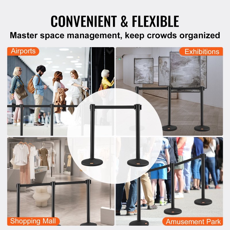 Muoviset jonotolpat 6 kpl betonitäytteiset jalustat 3 polyesterihihnaa 2000 mm