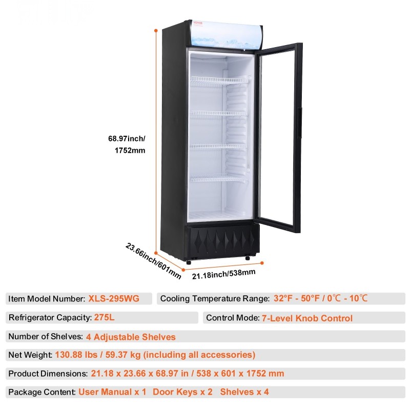 Kaupallinen juomajääkaappi 275 l lasiovella 4 säädettävää hyllyä LED valaistuksella