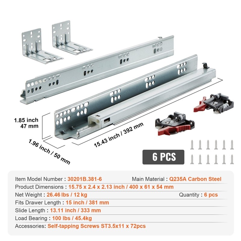 Laatikkokiskot pohja- ja sivukiinnitykseen sinkitty hiiliteräs 381 mm pehmeästi sulkeutuvat 6 paria