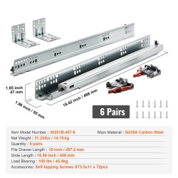 Laatikokiskot hiiliteräs sinkitty 457,2 mm 6 paria täysi ulosveto pehmeä sulkeutuminen