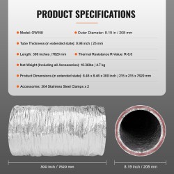 Eristetty taipuisa ilmanvaihtokanava 158 mm 7,62 m kolmikerroksinen lasikuitueriste