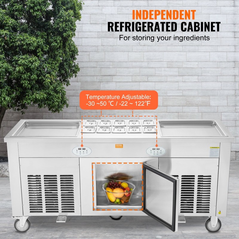 Paistettavan jäätelön rullakone 2 pannua 450x450 mm 304-ruostumatonta terästä kompressorilla ammattikäyttöön