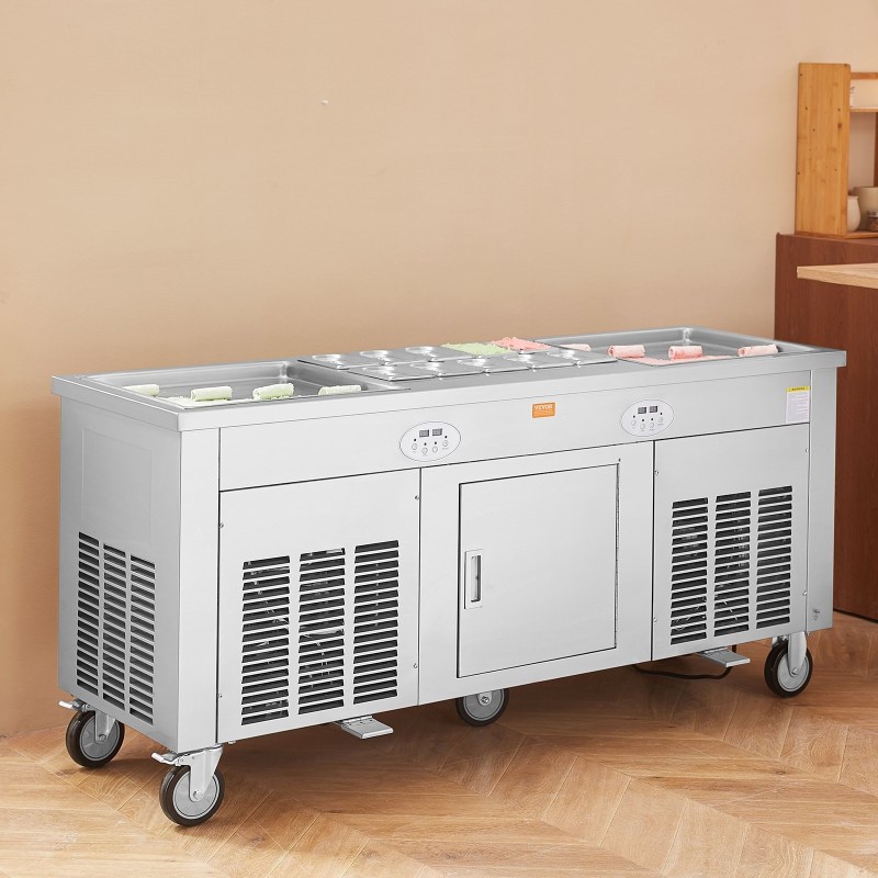 Paistettavan jäätelön rullakone 2 pannua 450x450 mm 304-ruostumatonta terästä kompressorilla ammattikäyttöön