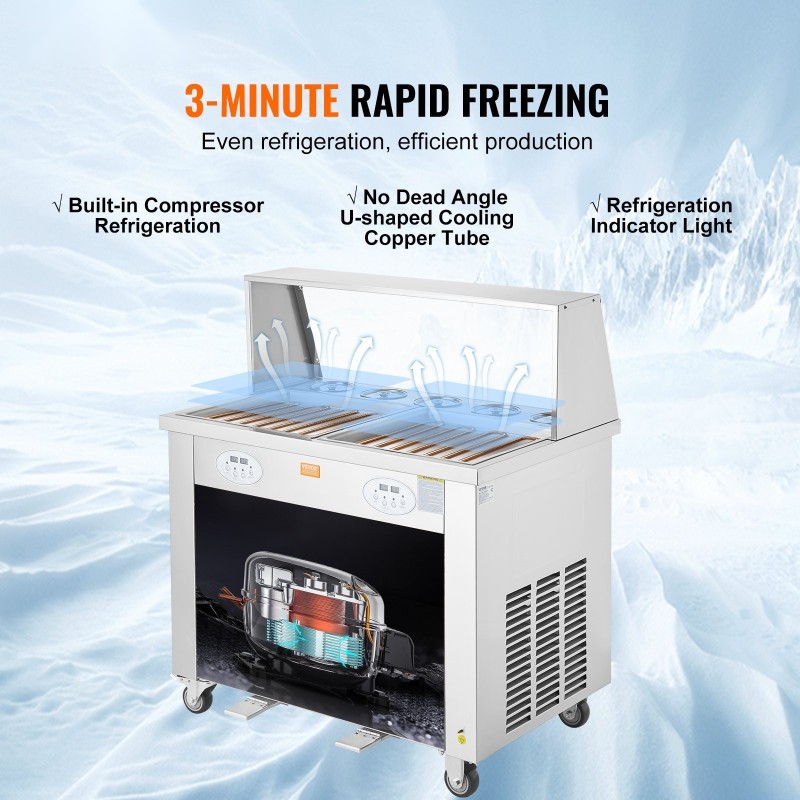 Paistettava rullajäätelökone 2 paistolevyä 380 mm ruostumaton teräs ammattikäyttöön