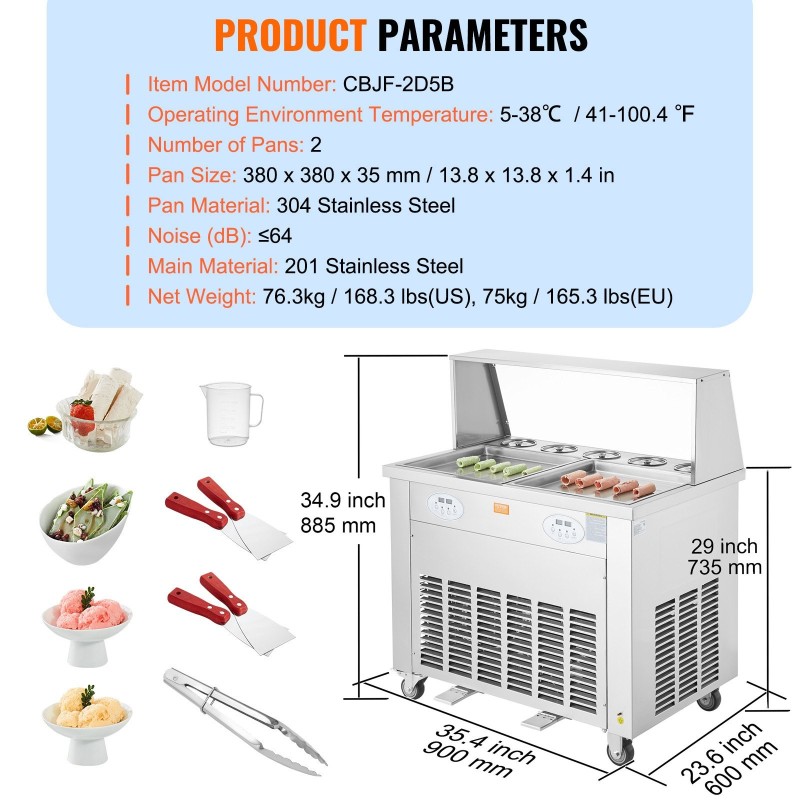 Paistettava rullajäätelökone 2 paistolevyä 380 mm ruostumaton teräs ammattikäyttöön