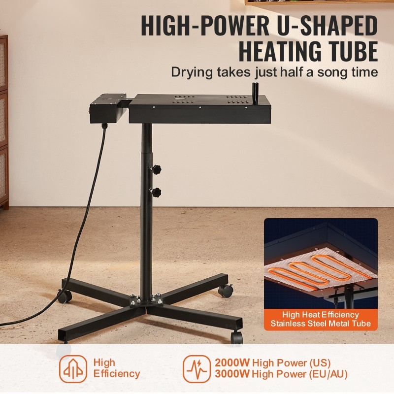 Pikakuivain seripainoon teräsrunkoinen 45 x 45 cm kuivausalue 2000–3000 W korkeussäädettävä jalusta
