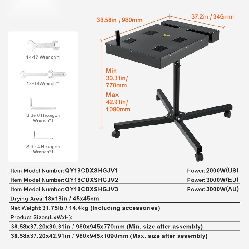 Pikakuivain seripainoon teräsrunkoinen 45 x 45 cm kuivausalue 2000–3000 W korkeussäädettävä jalusta