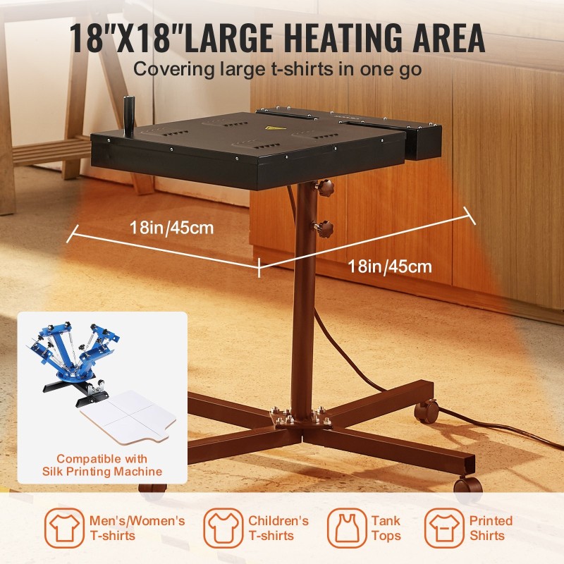 Flash-kuivain silkkipainoon 45 x 45 cm kuivausalalla 0–750℉ lämpötilansäädöllä korkeussäädettävällä jalustalla