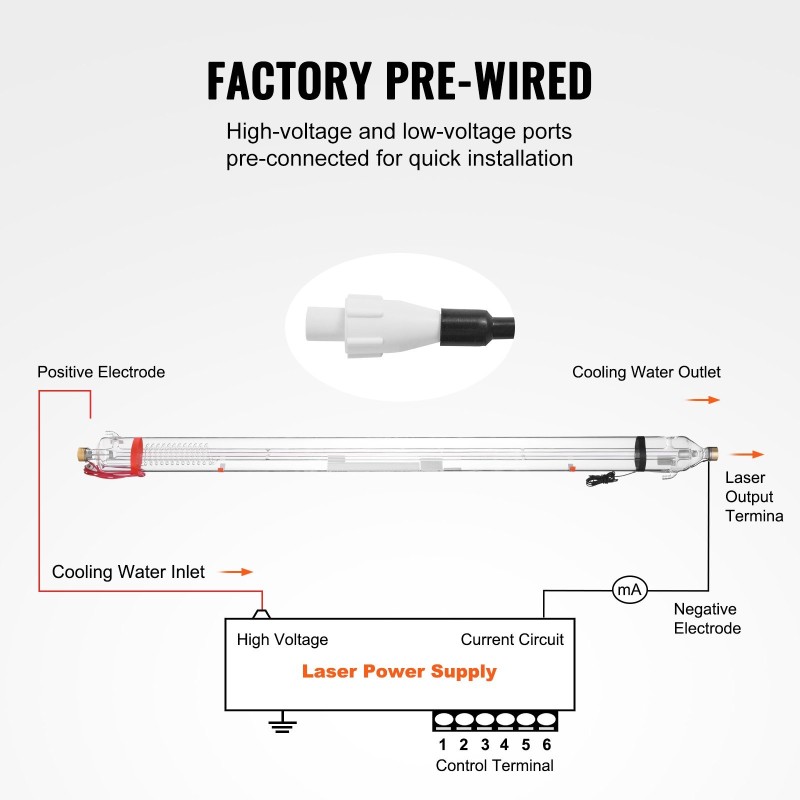 CO2-lasiputki 100 watin 1450 millimetriä 80 millimetriä borosilikaattilasi metallipää esikytketyt johdot