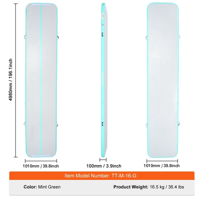 Ilmatäytteinen voimistelumatto PVC 4,9 m 101 cm 10 cm sähköpumpulla