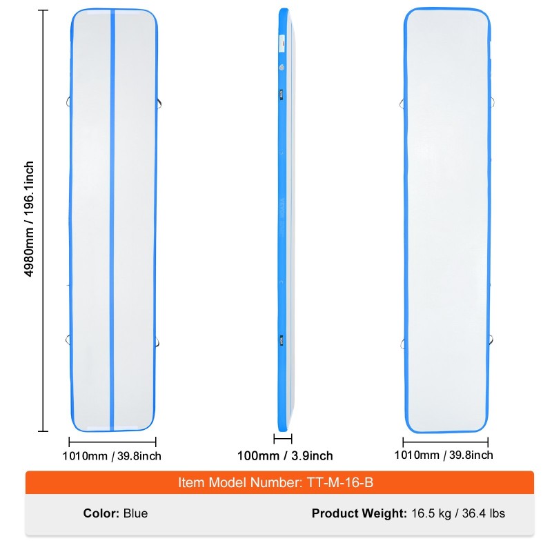 Täytettävä voimistelumatto PVC-pressu 4980x1010x100 mm 600W sähköpumpulla sisä- ja ulkokäyttöön
