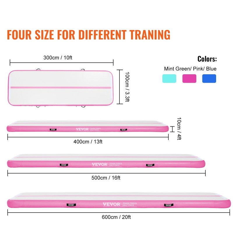 Ilmatäytteinen PVC-voimistelumatto 4980x1010x100 mm pinkki 600W pumppu sisä- ja ulkokäyttöön