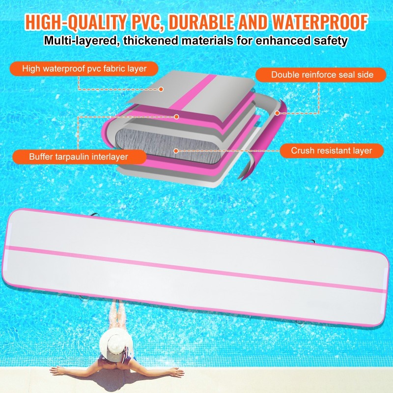 Ilmatäytteinen PVC-voimistelumatto 4980x1010x100 mm pinkki 600W pumppu sisä- ja ulkokäyttöön