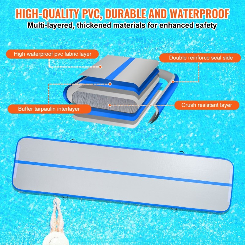 Ilmatäytteinen PVC-voimistelumatto 398x101x10 cm 4 tuumaa 600W pumppu sininen