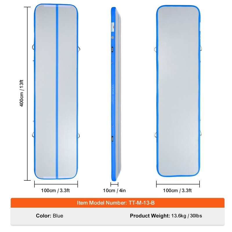 Ilmatäytteinen PVC-voimistelumatto 398x101x10 cm 4 tuumaa 600W pumppu sininen