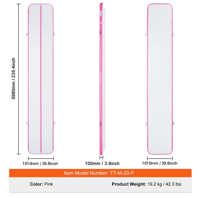 Ilmatäytteinen PVC-voimistelumatto kuusi metriä pitkä kymmenen senttiä paksu pinkki