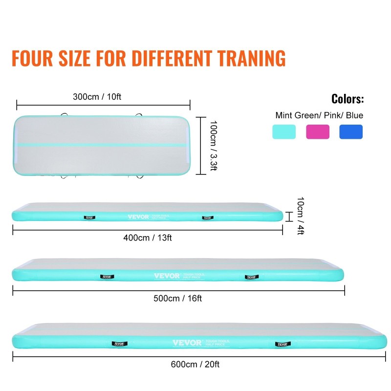 Ilmatäytteinen voimistelumatto PVC 100 mm paksu 3000x1010 mm mintunvihreä 600W pumppu mukana