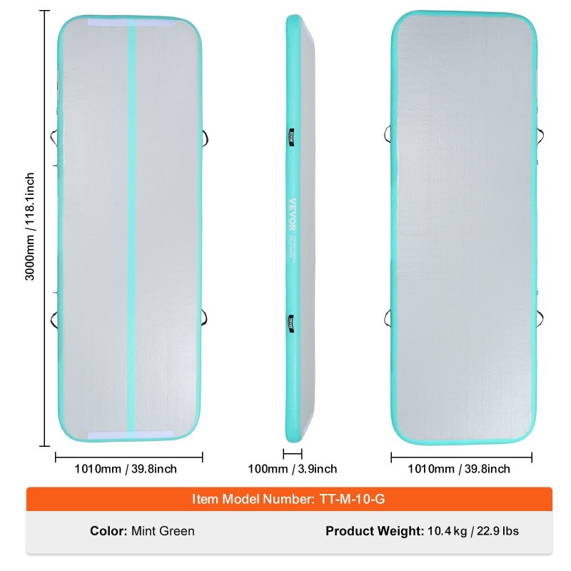 Ilmatäytteinen voimistelumatto PVC 100 mm paksu 3000x1010 mm mintunvihreä 600W pumppu mukana