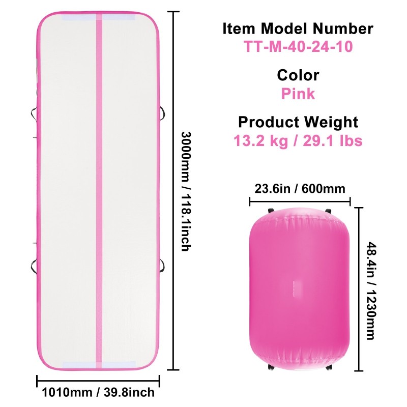 Täytettävä PVC voimistelumattosetti 2-osainen 3000x1010x100 mm sisältää ilmarullan ja 600W pumpun