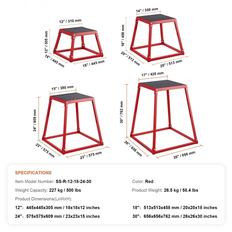 Plyoboxi teräksinen pinottava neljä kokoa 12 18 24 30 tuumaa 227 kg