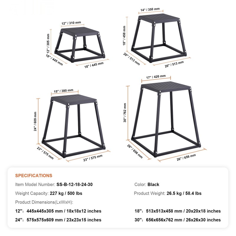 Plyometriset hyppylaatikot 12, 18, 24 ja 30 tuumaa musta liukumaton pinta