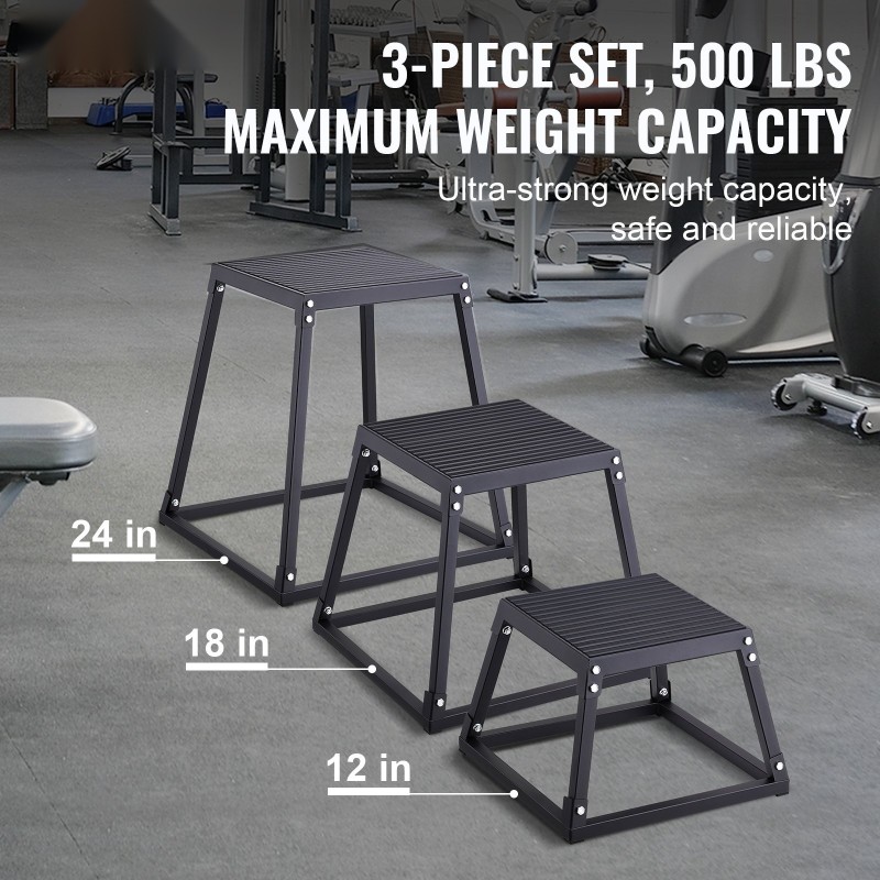 Plyometrinen hyppyboxisarja teräs 12 tuumaa 18 tuumaa 24 tuumaa 227 kilogrammaa musta