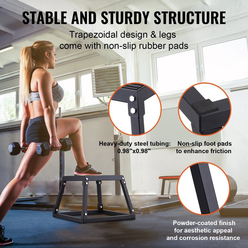 Plyometriaboksi teräsrunko 12 tuuman korkeus liukumaton silikonipinta 227 kg kantavuus musta