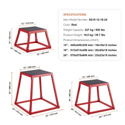 Teräsinen plyobox-setti kolmella korkeudella 12 18 ja 24 tuumaa liukuestopinnalla punainen