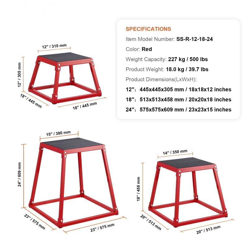 Teräsinen plyobox-setti kolmella korkeudella 12 18 ja 24 tuumaa liukuestopinnalla punainen