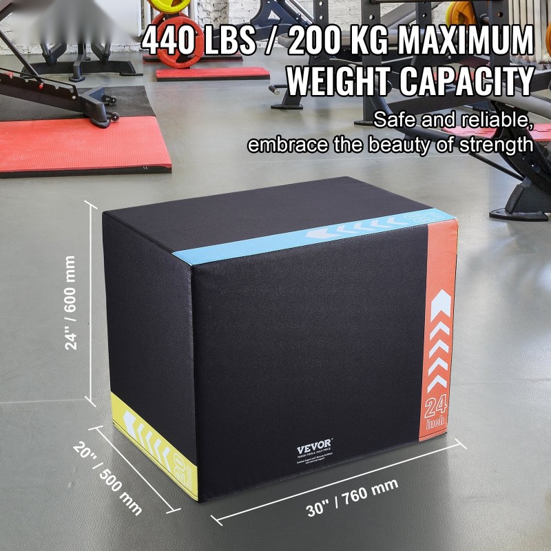 Plyometrinen hyppyboksi 3 korkeutta 30 24 20 tuumaa PVC-päällysteinen musta