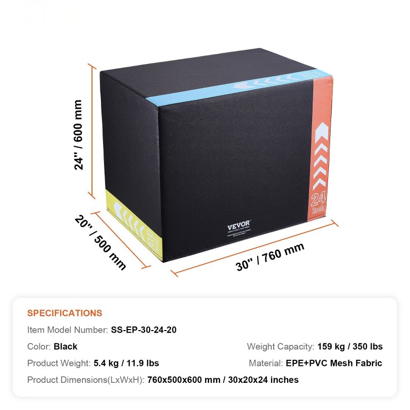 Plyometrinen hyppylaatikko vaahtoydin PVC-verkkokangas musta 30/24/20 tuumaa