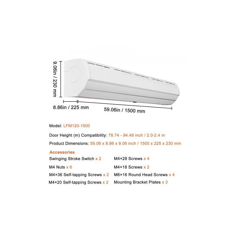 Ilmasuoja 1,5 m sisäkäyttöön seinälle asennettava ilman lämmitystä 2 nopeutta 2547 m³/h